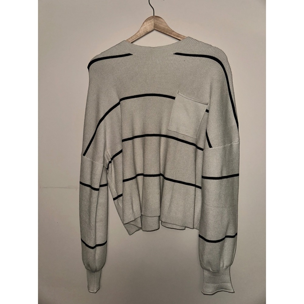 Womens Striped Crew Neck Sweater Long Sleeve Cropped Pocket